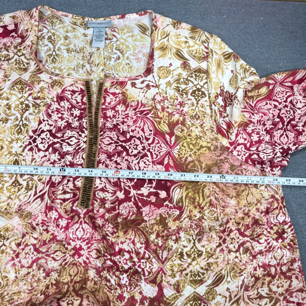 Catherines Tunic Top Women Plus 3X Pink Gold Paisley Beaded Split Neck Blouse - Picture 4 of 6